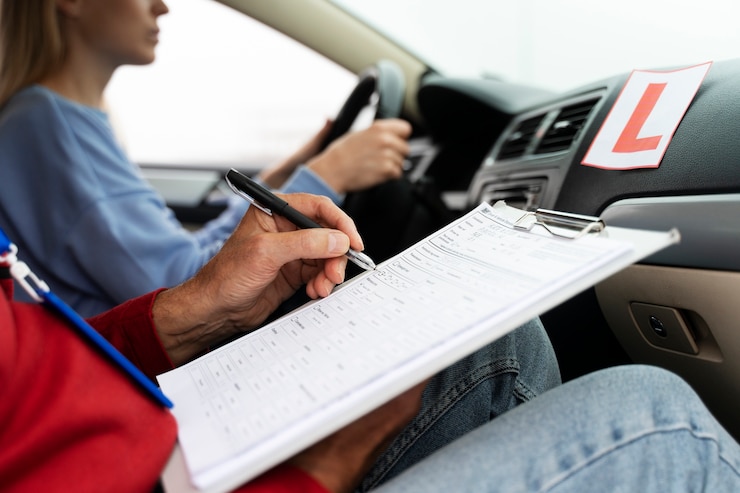 Driving lesson: student driving, instructor noting points in car